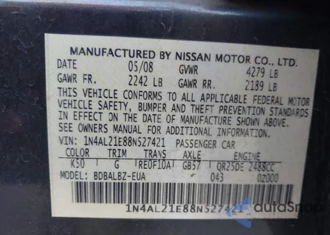 2008 Nissan Altima 2.5 S z USA, uszkodzony, nr VIN 1N4AL21E88N527421